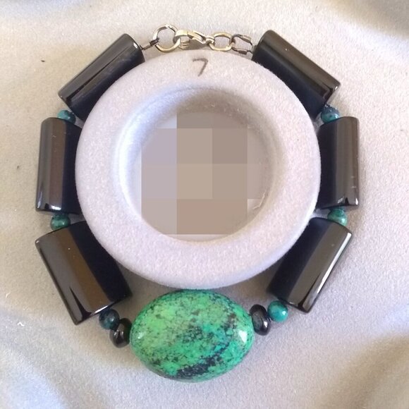 Bold Elegance: Black Jasper & Chrysocolla Heavy Bracelet! Wisdom & Protection - Picture 5 of 7